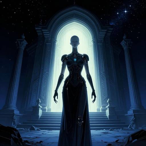 Silhouetted female figure in a long, ornate gown stands before a glowing, arched doorway in a dark, starry, ruined temple