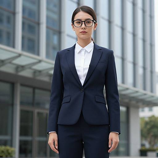Photograph of a serious-looking Asian woman with black glasses, wearing a black suit and white shirt, standing in front of a modern glass building.