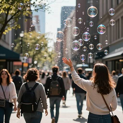 Photograph of a city street with sunlight, people walking, and a woman with curly hair blowing bubbles, creating a sparkling, translucent effect.
