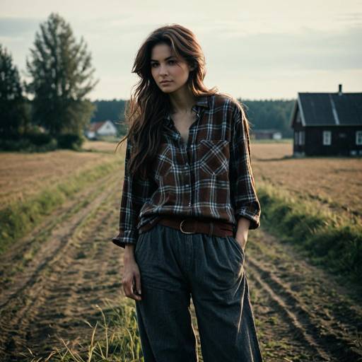Woman in Rustic Flannel Shirt and Baggy Pants in Rural Setting