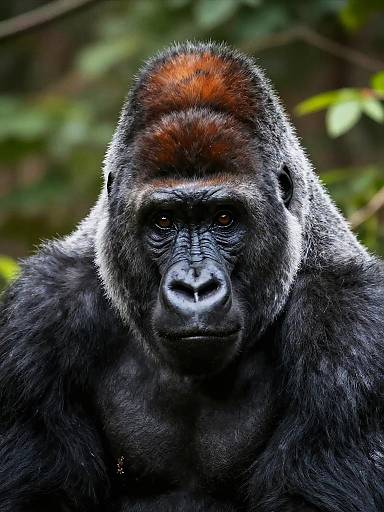 Photograph of a powerful silverback gorilla with dark fur, reddish-brown head, intense gaze, and muscular build, set against a blurred