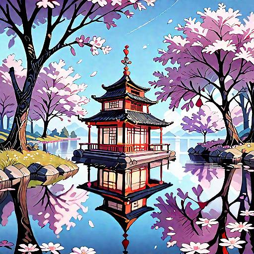 Anime Style Cherry Blossom River Scene