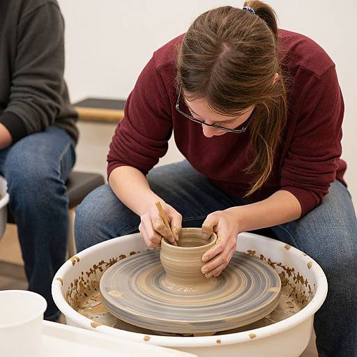 Photograph of a focused woman with brown hair in a maroon sweater, shaping clay on a spinning pottery wheel, surrounded by a white bucket and another