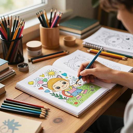 Photograph of a child drawing a colorful, cartoon-style illustration of a smiling girl with flowers and sun on a wooden desk.