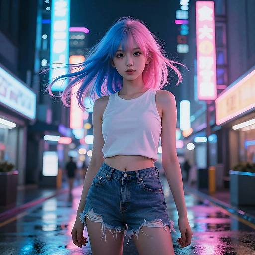 Neon-lit urban night scene photograph of a young woman with blue-pink hair, wearing a white crop top and frayed denim shorts, standing
