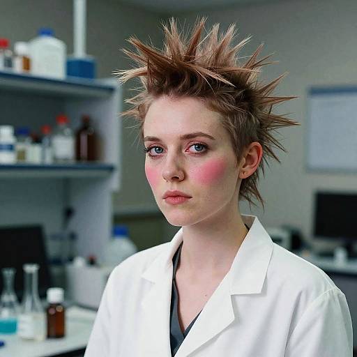 Photograph of a pale-skinned woman with spiky brown hair, pink blush on cheeks, wearing a white lab coat, in a blurred laboratory background