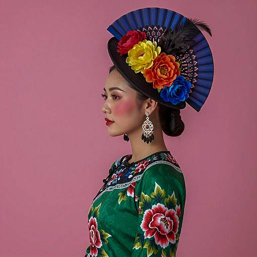 Woman in Floral Dress with Elaborate Hat
