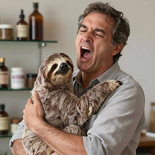 Man Holding a Sloth with Intense Expression