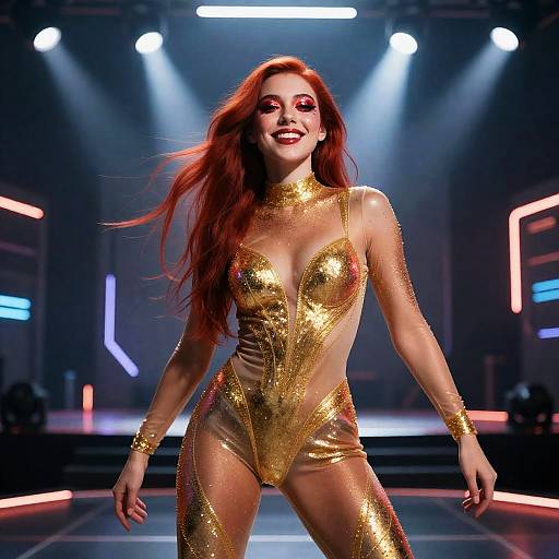 Neon Cyberpunk Dancer in Golden Catsuit