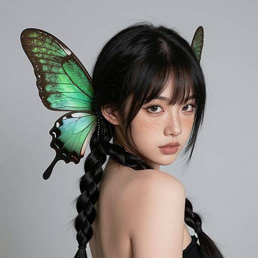 Photograph of an East Asian woman with long black braids, green butterfly wings, freckled face, and fair skin, looking over her shoulder