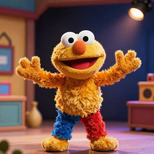 Photograph of vibrant, yellow, furry Sesame Street character with blue and red legs, large eyes, orange nose, smiling, arms raised, on