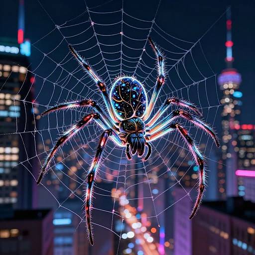 Glowing Spider in Neon Cityscape