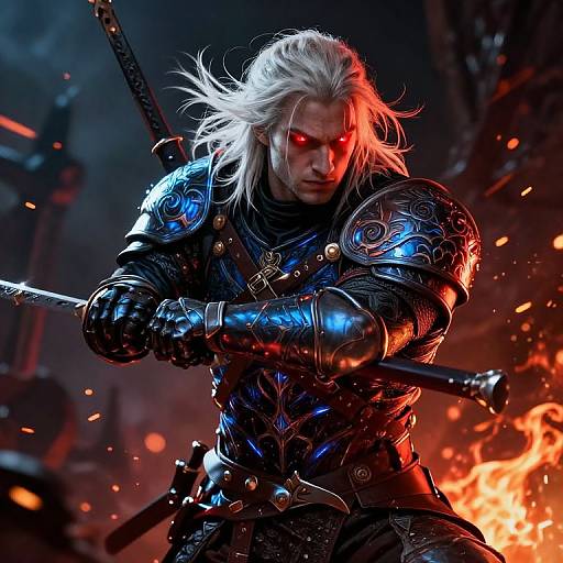 Digital artwork of a fierce, white-haired warrior with glowing red eyes, wearing ornate black armor, holding a sword, amidst fiery chaos.