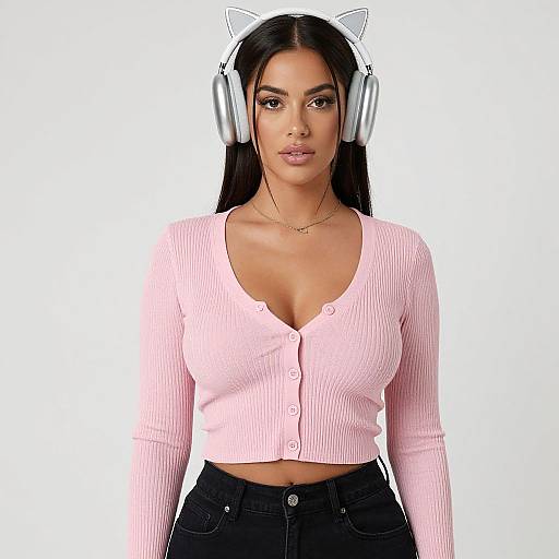 Photograph of a young woman with long black hair, wearing a pink ribbed cardigan, black jeans, white headphones, and cat ear headband