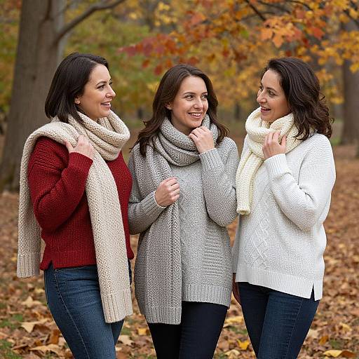 Photograph of three smiling women with dark hair, wearing knit sweaters and scarves, standing in an autumn forest, surrounded by fallen leaves and colorful