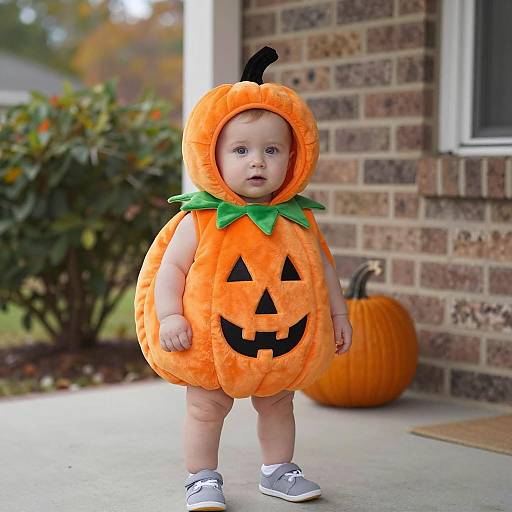Baby in Pumpkin Costume on Porch