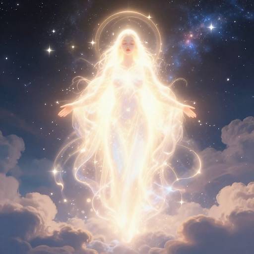 Digital art of a glowing, ethereal figure with outstretched arms, surrounded by celestial lights and clouds, set against a starry night sky.