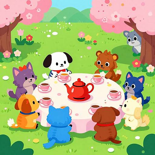 Colorful cartoon of seven adorable, anthropomorphic animals with diverse fur colors gather around a white table with pink cups and a red teapot in a vibrant