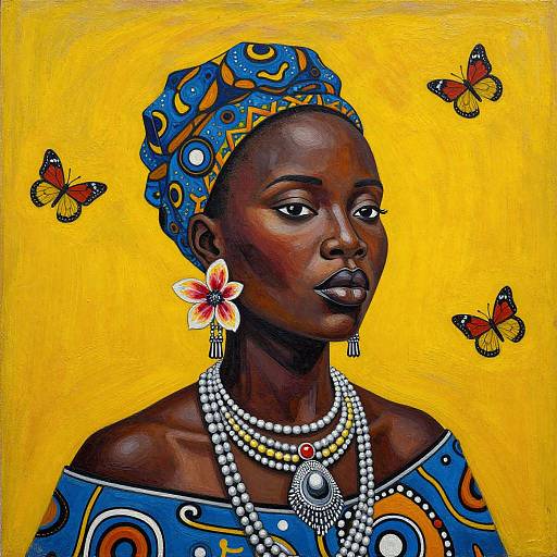 Vibrant digital portrait of a dark-skinned African woman with blue patterned headwrap, colorful jewelry, flower earring, yellow background, and