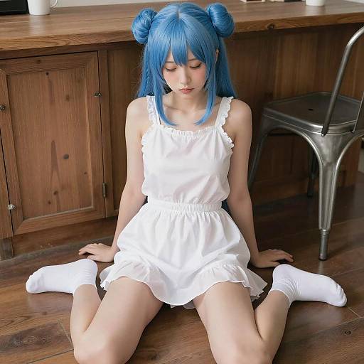 Shy Blue-Haired Anime Girl Sitting