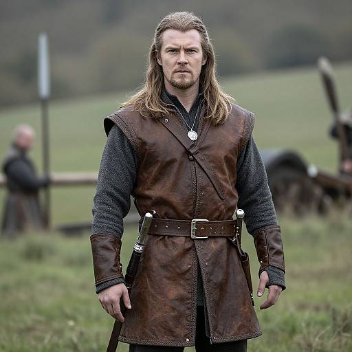Photograph of a serious, long-haired man in medieval brown leather tunic with belt, black wool shirt, standing in grassy field. Blurred