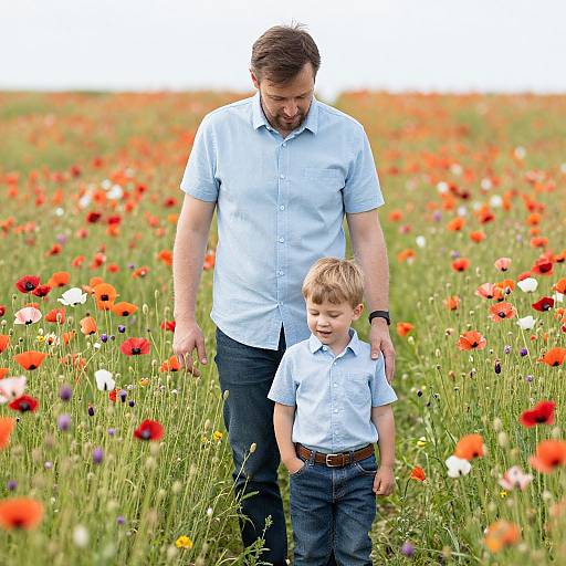 Photograph of a smiling father and son walking through a vibrant red and white poppy field, both wearing light blue shirts and jeans.