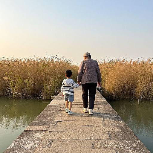 Photograph of an older man in a checkered shirt and black pants, and a young boy in a striped shirt, walking hand-in-hand on a