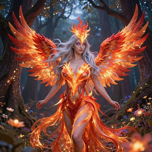 Digital fantasy artwork of a white-haired, fiery-winged woman in a glowing red-orange flame dress, standing in a magical forest with twinkling lights.