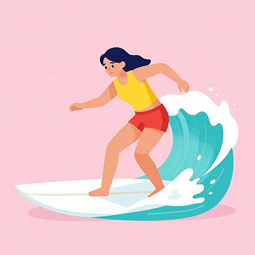 Digital illustration of a woman with blue hair surfing on a white wave against a pink background, wearing a yellow top and red shorts.