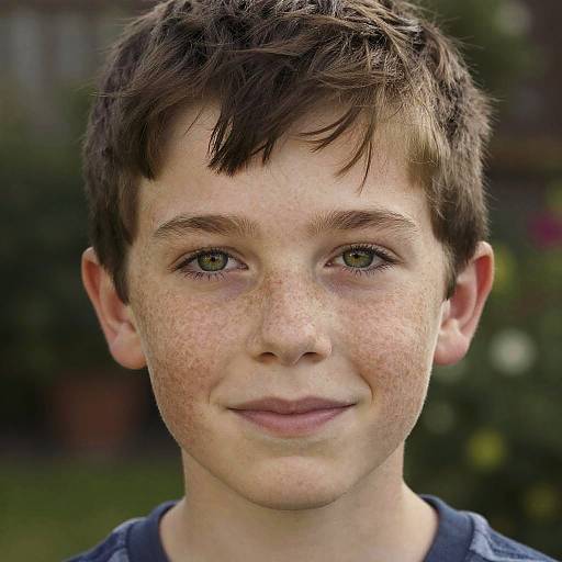 Close-up photograph of a young boy with short brown hair, green eyes, freckles, and a slight smile, wearing a dark blue shirt,
