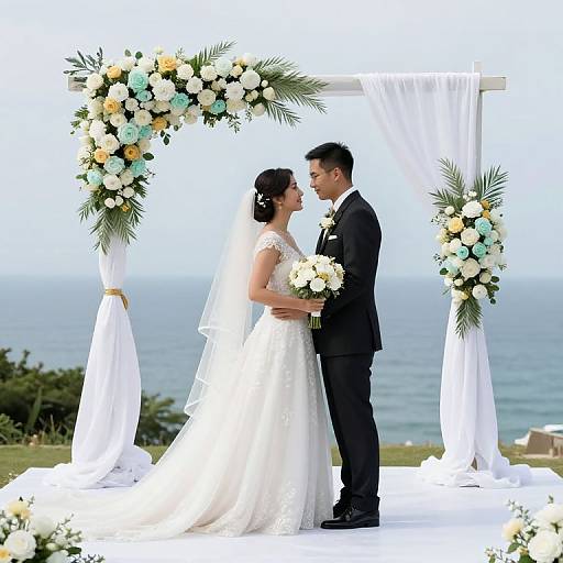 Photograph of a bride in a white lace gown and veil, holding flowers, facing a groom in a black suit, standing under a floral arch by