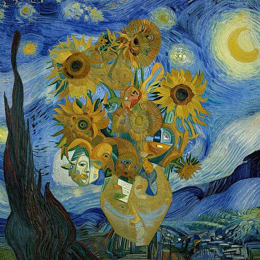 Vibrant, surreal digital painting of sunflowers with human faces, swirling blue sky, stars, and moon, inspired by Van Gogh's style