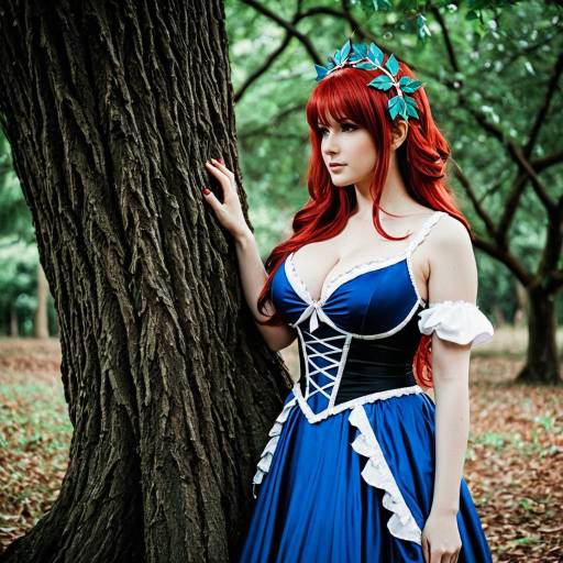 Red-Haired Woman in Blue Cosplay Dress by Tree