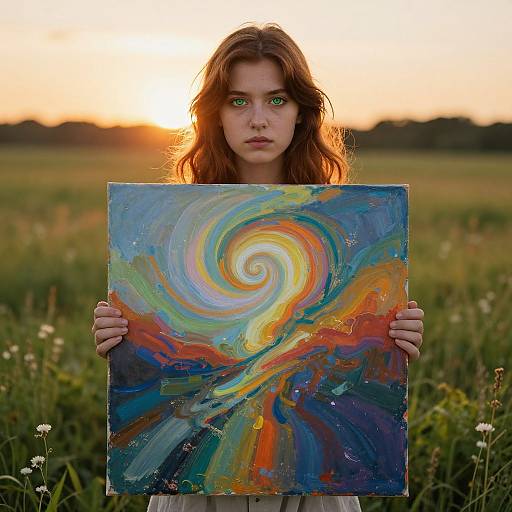 Photograph of a young woman with wavy brown hair, green eyes, holding a vibrant, abstract painting in a sunlit field.