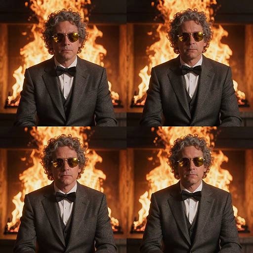 Photograph of an older man with curly gray hair, wearing a black tuxedo, black bow tie, and gold sunglasses, standing in front of