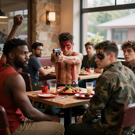 Intense Restaurant Scene with Six Men
