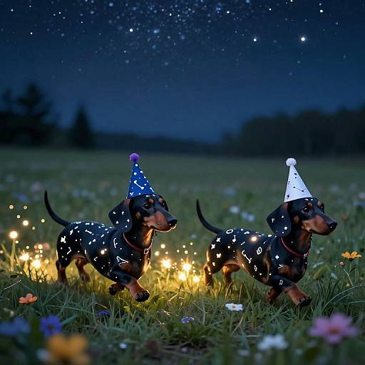 Whimsical Dachshunds in Starlit Meadow