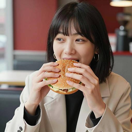 Asian Woman Eating Sesame-Seed Burger