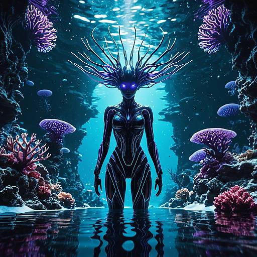 Futuristic Alien AI Female in Bioluminescent Underwater Landscape