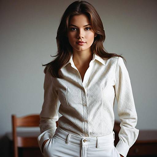 Young Woman in White Padded Princess Cut Blouse