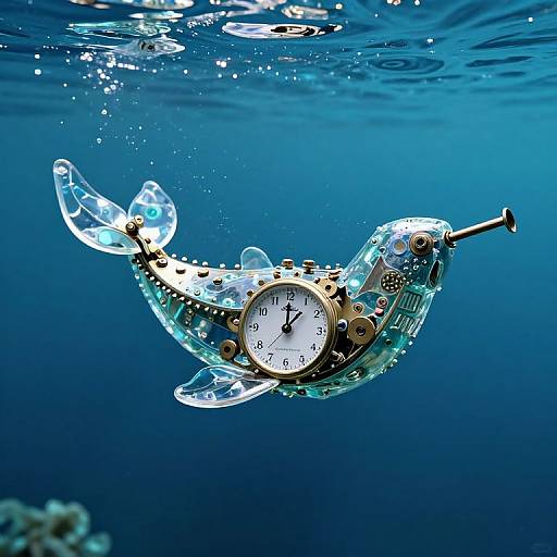 Photograph of a clockfish made from a clock and transparent plastic, swimming underwater with a deep blue background.