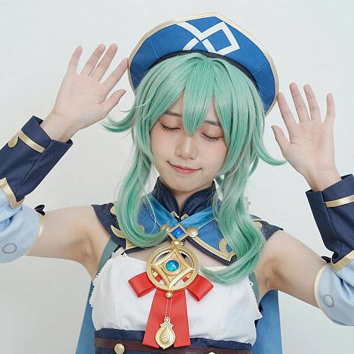 Smiling Cosplayer with Green Hair