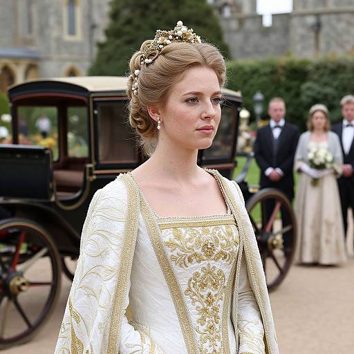Photograph of a fair-skinned, blonde-haired bride in an ornate white and gold gown, standing in front of a black vintage carriage with castle