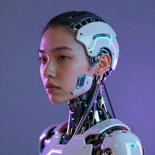 Photorealistic CGI of an Asian woman with cybernetic head and neck, featuring glowing blue and white components, against a purple gradient background.