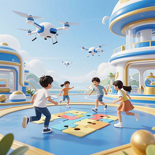 Digital illustration of four children playing on colorful puzzle tiles in a futuristic playground with flying drones and blue and white rounded buildings. Bright, cheerful, and vibrant