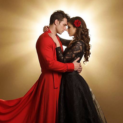 Photograph of a couple in a romantic pose; man in a red tuxedo, woman in a black lace dress with red rose, golden background