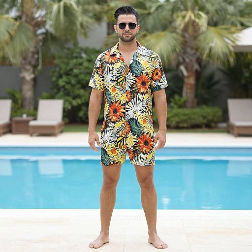 Photograph of a bearded man in a colorful floral Hawaiian shirt and shorts, wearing sunglasses, standing by a blue pool with palm trees in the background