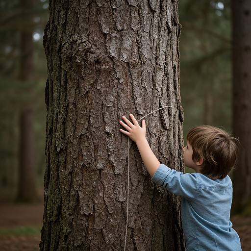 Photograph of a young boy with brown hair, wearing a light blue shirt, standing in a forest, touching a large, textured tree trunk with his