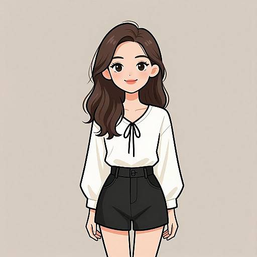 Digital anime-style drawing of a smiling young woman with long brown hair, wearing a white blouse and black high-waisted shorts.