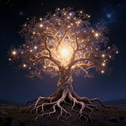 Fantastical digital artwork of a glowing, star-adorned tree with intricate, twisting roots against a dark, starry night sky.